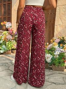 Pantalones casuales de maternidad de cintura ajustable con estampado completo para uso diario - Burdeos - Ver 2