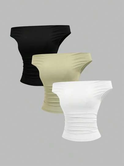 Sweetra Set de 3 camisetas casuales y cómodas de ajuste ceñido con diseño moderno de hombros descubiertos para mujer, para primavera/verano