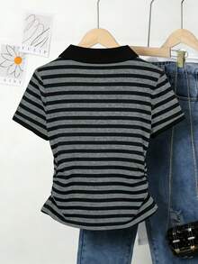 Camiseta de manga corta a rayas informal para adolescentes, verano - Multicolor - Ver 2