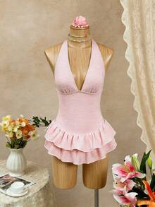 Bellisia White & Pink Textured Fabric Halter Neck Deep V-Neck Backless Double Ruffle Hem Beach Pool Party Cute & Sweet Style Women Swimsuit Skirt - Pink - View 3