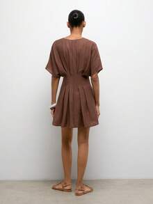 Maija Casual Women's Coffee Brown Mini Dress V Neck Batwing Sleeve Plicated Flared Hem Short Dress,Going Out Outfits - Coffee Brown - View 4