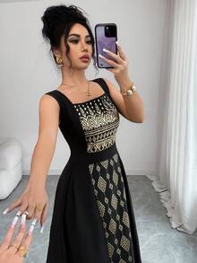 Rafferiza Women's Sleeveless Black Patchwork Gold Foil Long Dress, Spring/Summer - Black Gold - View 4