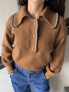 Marta Soriano 女式休闲宽松 Polo 领落肩长袖毛衣，秋冬 - 咖啡棕 - 查看 3