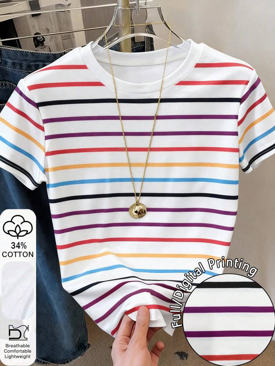 Resyla Women's Casual Colorful Striped Print T-Shirt, Summer - Multicolor - View 1