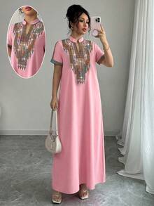 Rafferiza Contrast Color Embroidery Stand Collar Rhinestone Decor Loose Long Dress For Women - Pink - View 4