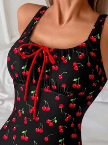 Swim Mod Áo tắm liền thân nữ in hình quả anh đào, kiểu buộc dây phía trước, có bèo nhún, thời trang, thích hợp cho kỳ nghỉ biển. - Nhiều màu - Xem 4