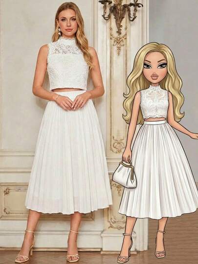 Amorya Bộ đồ 2 món thanh lịch mới dành cho nữ: Áo ren trắng và chân váy xếp ly, thích hợp cho mùa cưới và nhiều dịp khác.