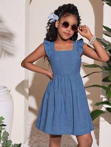 Tween Girls Blue Cute Cap Sleeve Cinched Waist Back Hollow Bowknot Waist Casual Dress, Fashionable, Versatile, Suitable For Party, Outing, Sister Photo Shoot, Park, Camping, Vacation, Daily Casual Wear - Blue - View 6