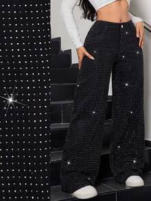 SHEIN Tall CURVE Pantaloni larghi neri con vita alta, decorati con cristalli, adatti per donna curvy, per occasioni casual, feste, matrimoni e compleanni - nero - Visualizzare 1