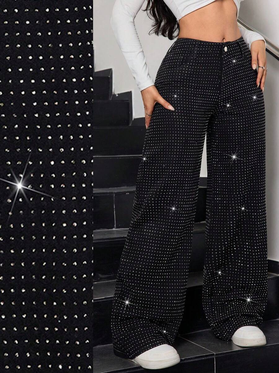 SHEIN Tall CURVE Pantaloni larghi neri con vita alta, decorati con cristalli, adatti per donna curvy, per occasioni casual, feste, matrimoni e compleanni - nero - Visualizzare 1