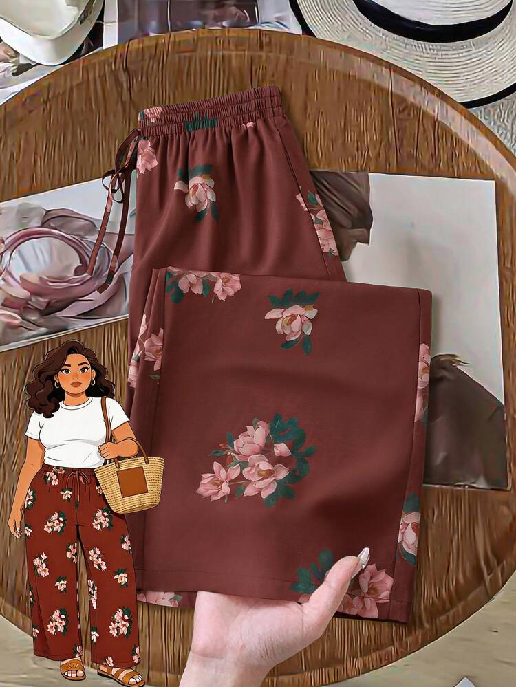 Plus Size Elegant Casual Floral Print Elastic Waist Pants\Summer\Vacation Summer Outfits Summer Clothes  Spring  Spring Outfit Women Spring Clothes Country Style For Women