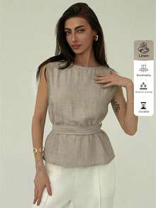 Aloruh Áo sơ mi nữ mùa hè thoải mái bằng vải lanh, áo sơ mi công sở cổ thuyền tay lệch màu trơn thắt eo, áo sơ mi dáng ôm cho mặc hàng ngày, áo sơ mi nữ thanh lịch, đồng phục giáo viên, áo sơ mi đi học, áo sơ mi công sở đơn giản - Màu be - Xem 5