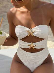 Opulessa 女士镂空海星装饰抹胸连体泳衣，适合海滩度假 - 杏色 - 查看 9