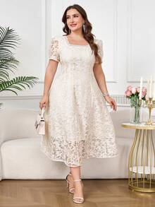 SHEIN Ellevyn Plus Size Women's Square Neck Short Petal Sleeve Elegant Lace Dress - Apricot - View 7
