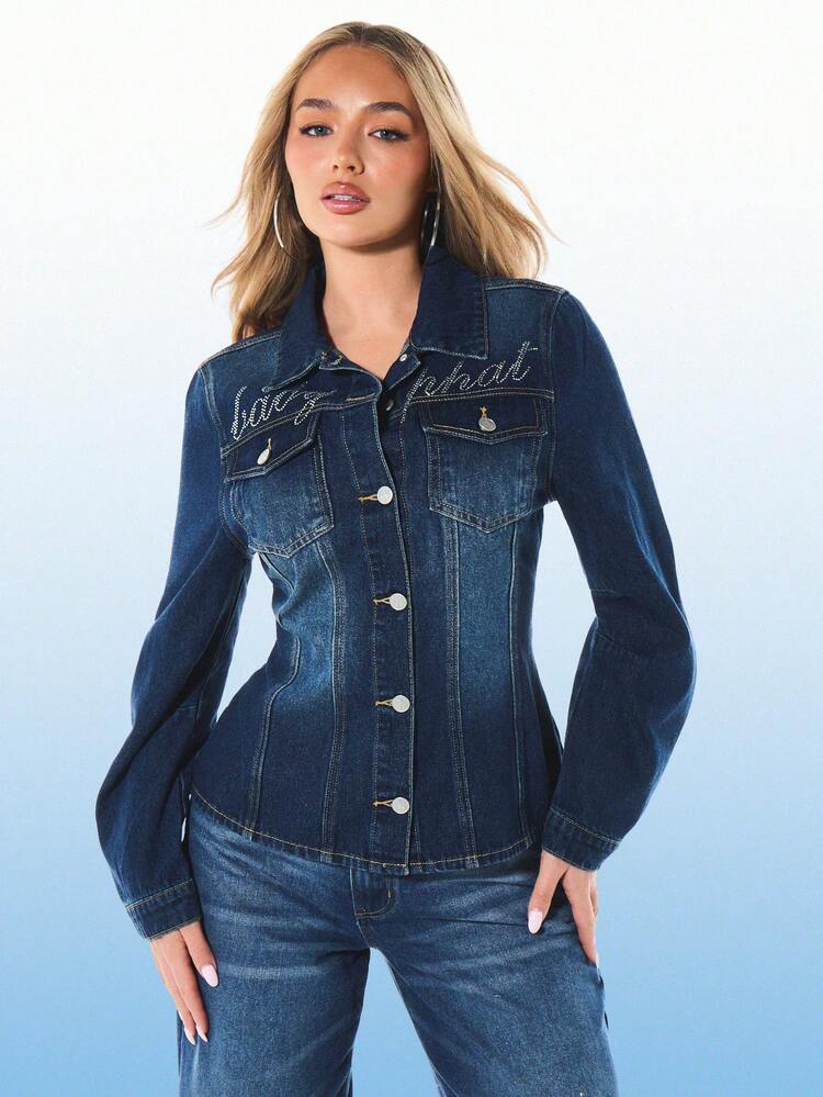 BABYPHAT Women Cinched Waist Rhinestone Embellished Classic Button Front Denim Jacket With Chest Pockets Dark Wash Long Sleeve Fall Winter