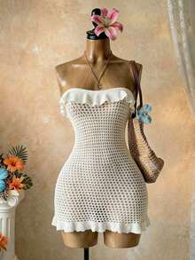 Lyxana Women's Solid Color Ruffle Hem Hollow Out Knitted Dress - White - View 1