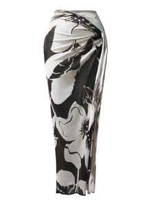 Swim Oasis Set de 2 monokinis de un solo color con fruncidos y pareo estampado para mujer - Negro - Ver 4