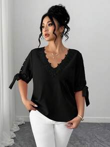 Elenzga Blus Wanita Ukuran Besar Elegan dengan Desain Bahu Terbuka, Leher Bulat, Ruffle, Tali Pengikat, dan Lengan Setengah, serta Hiasan Mutiara. - Hitam - View 3