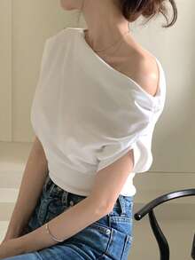 DAZY Solid Asymmetrical Neck Batwing Sleeve Tee,Crop Tops Women - White - View 4