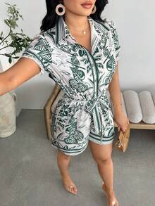 Vavine Women's Tropical Plant Print Short Sleeve Casual Shirt & Shorts Jumpsuit - Multicolor - View 3