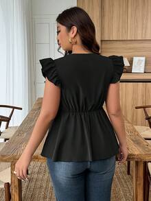 Weeklong Blusa de mujer talla grande con cuello en V, mangas cortas y volantes de encaje, para uso casual, vacaciones o viajes - Negro - Ver 2