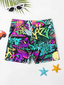 Children's Fashion And Cool Colorful Graffiti Beach Pants, Summer New Quick Drying Casual Shorts, High Street Printed Design, Skin Friendly, Breathable And Sweat Free For Boys And Girls, Beach Vacation, Beach Swimming Pool, Water Park, Fashionable Dressing, Personalized And  Fashion Must-Have Graphic Shorts Rave Shorts Custom Shorts Surf Shorts Sport Shorts - Multicolor - View 5