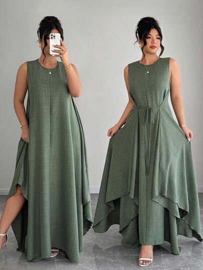 Elenzga Robe ample élégante pour femmes, idéale pour le travail, les vacances, les sorties quotidiennes. Avec ceinture nouée à la taille, coupe évasée et ourlet asymétrique.