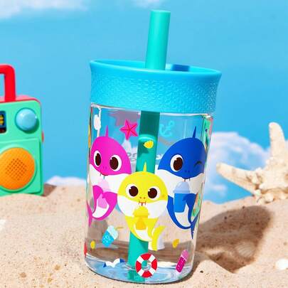 BABY SHARK X SHEIN Cốc uống nước cho trẻ em có nắp xoay chống rò rỉ, dung tích 450 ml / 15 oz, kèm ống hút, chất liệu Tritan.