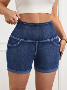 SHEIN CURVE+ Women's Plus Size Denim Shorts,Navy Blue Summer High Waist Stretchy Casual Short Jeans With Pockets,Smart Casual Hiking Chic Y2k Streetwear Shorts - Blue - View 3