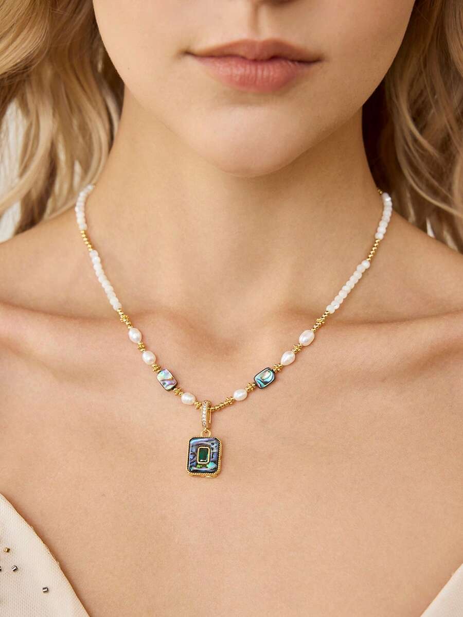 MOTF PREMIUM 欧美时尚淡水珍珠方形项链，鲍鱼贝壳吊坠，锁骨轻奢，小众高端项链，女士珍珠项链。 - 彩色 - 查看 1