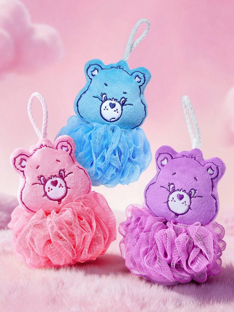 SHEIN X Care Bears 1 Bola de baño de oso rosa de dibujos animados, esponja de baño, malla de espuma súper suave para el baño, con cordón. - Rosa - Ver 1