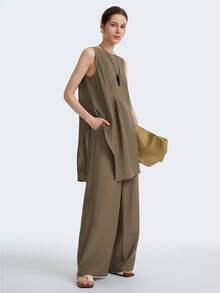Aalyst Women's Olive Green Summer Effortless Chic Vacation Holiday Linen Blend Sleeveless Pleated Irregular Hem Long Shirt & Wide Leg Pants Two Pieces Set - Army Green - View 4