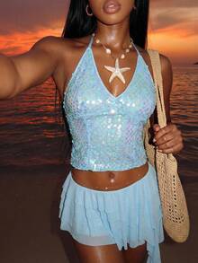 Glamine Women's Sleeveless Halter Top, Blue Color, Spring/Summer New Arrival, Vacation & Holiday - Blue - View 3