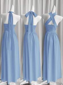 Rafferiza Women Light Blue Summer Elegant Dinner Multi-Layered Ruffled Long Dress,Boho Halter Wedding Guest Graduation Birthday Prom Evening Beach Sun Dress - Blue - View 2