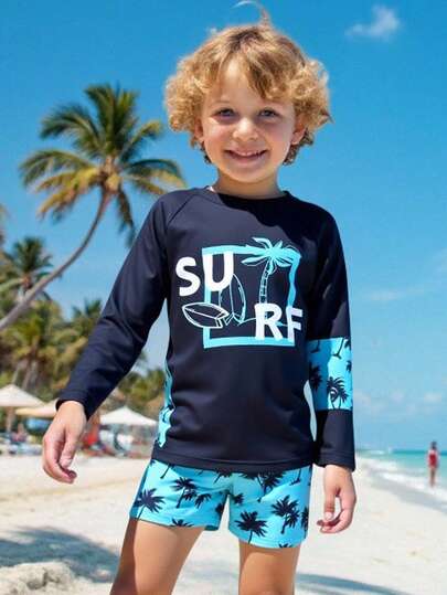 Young Boys 2-Piece Swimwear Set, Black Coconut Leaf Print Long Sleeve Rash Guard And Shorts, Fashionable Casual Elegant Suitable For Swimming, Beach, Pool, Summer Vacation, Holiday