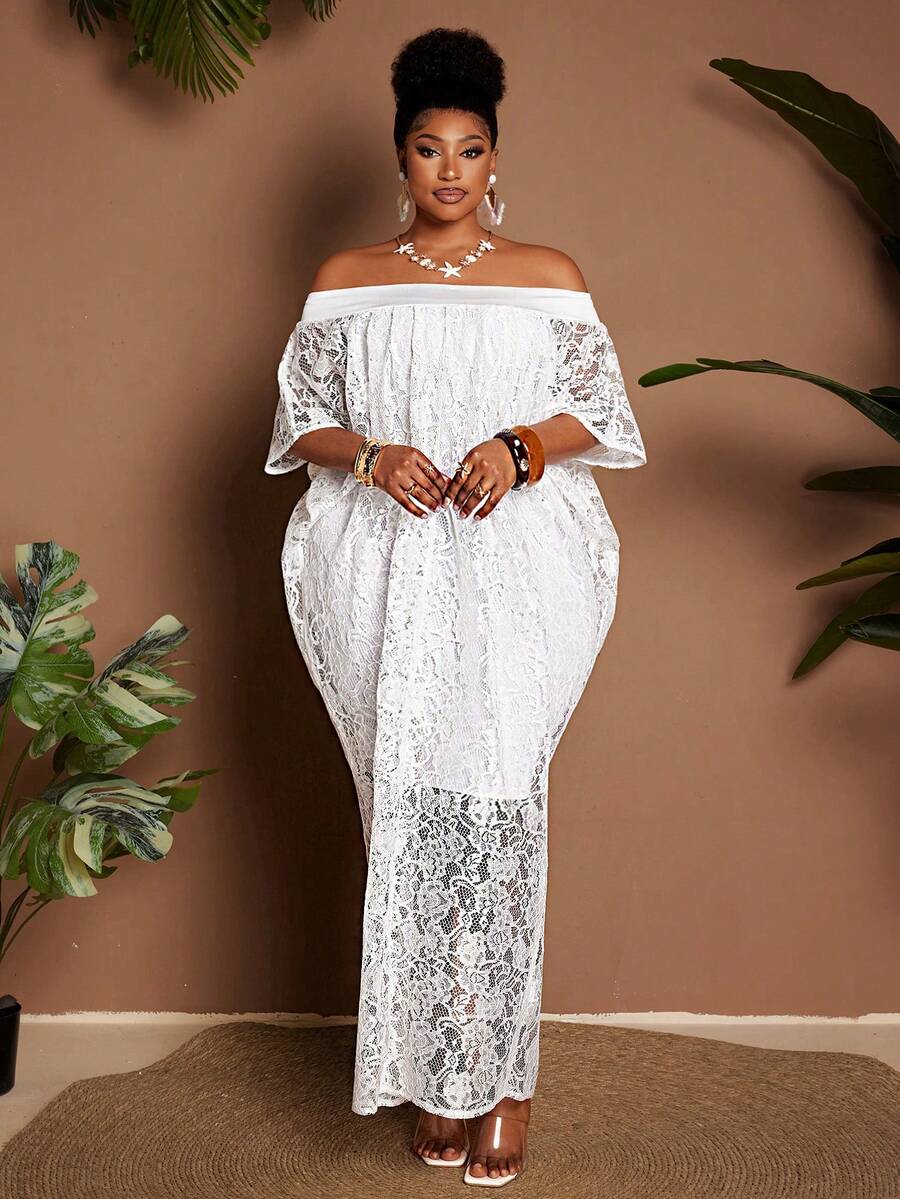 Maweii Plus Size Women's Lace Off-Shoulder Loose Elegant Vacation Party Short Sleeve Dress - White - View 1