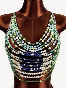 Women's Beaded Music Festival Sexy Camisole Music Festival Carnival Festival Outfit Beaded Bikini, Summer , Summer Clothes , Summer Outfits For Women , Summer Outfits , Summer Outfit For Women ,Vacation Outfits Women Beads Top Bling Dress Badazzled Top Custom Dress Summer & Autumn Colorful Beaded Cover-Up, Sexy & Fashionable Design Suitable For Music Festivals And Electronic Music Festivals, Bohemian Style Women Coverup , Rhinestone Embellished Shiny, Suitable For Bar Party, Carnival, Club Wear Women Outfits Sets  Women Vacation Outfit Sets Bikinis Set For Women With Cover Up - Green - View 4