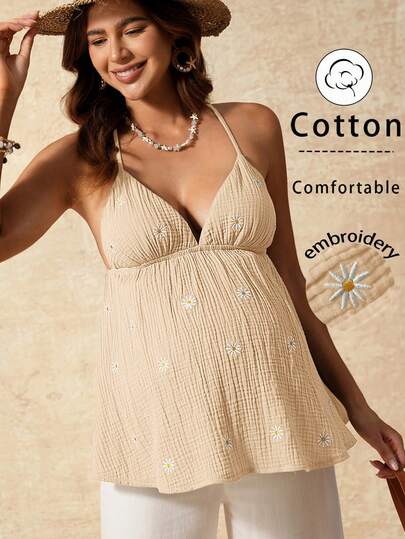 Boho Mama Áo hai dây bầu hở lưng thêu hoa, thích hợp cho kỳ nghỉ.