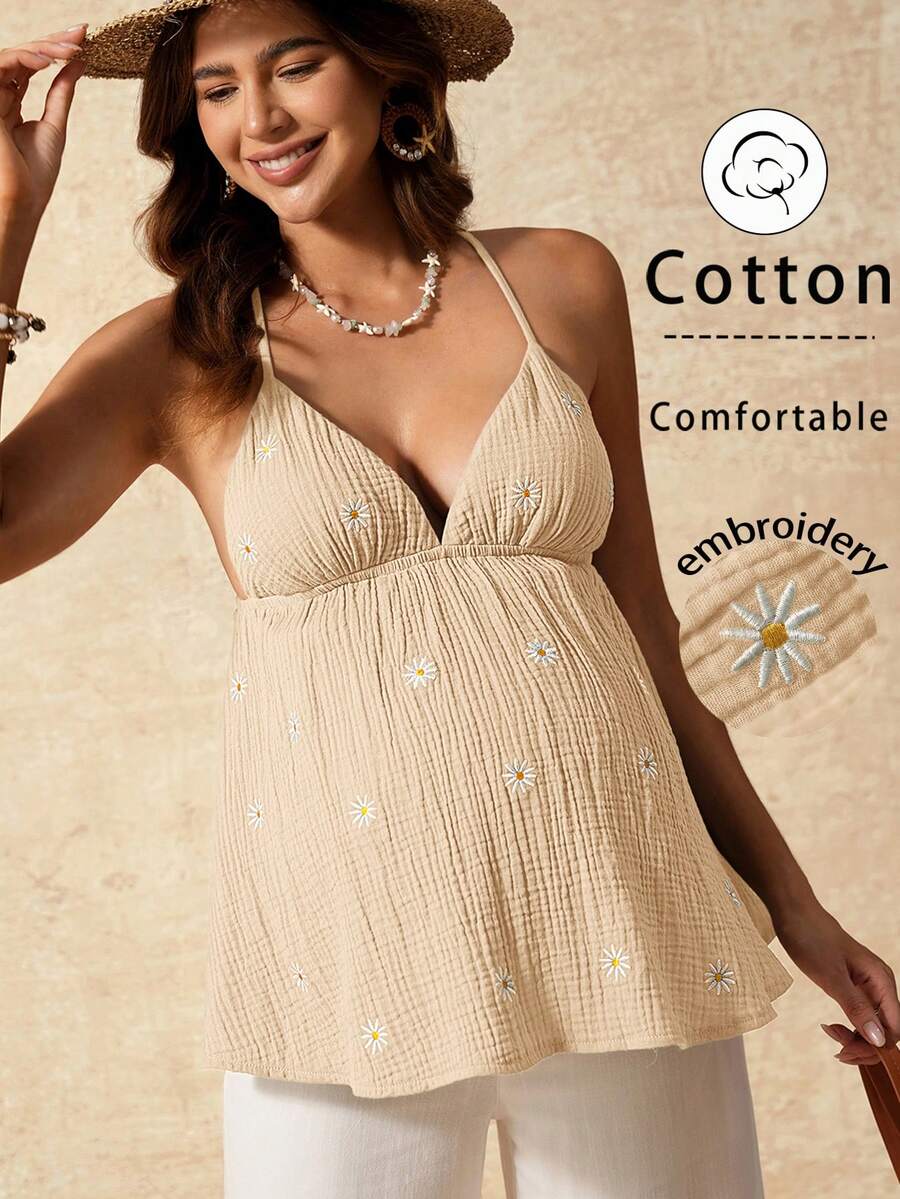 Boho Mama 孕妇花卉刺绣露背休闲度假吊带衫 - 卡其色 - 查看 1