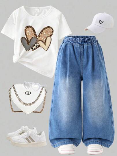 Girls' Wide Leg Jeans, Versatile Casual Academic Style Recommended! Light Blue Washed Denim Fabric, High-Waist Elastic Waistband, Easy To Put On And Take Off, Loose Straight Leg Fit, More Comfortable To Wear. Suitable For Daily School, Back To School Season, Weekend Outings And Hangouts With Friends.