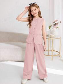 SHEIN Serisse Kids 少女通勤休闲纯色无袖背心上衣和直筒裤套装 - 淺粉色 - 查看 6