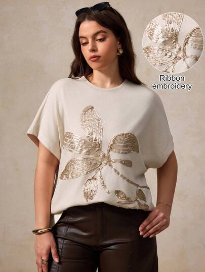 Elegantrix Spring/Summer Women's Plus Size Beige Elegant Floral Embroidery Short-Sleeved Comfortable Women's Top