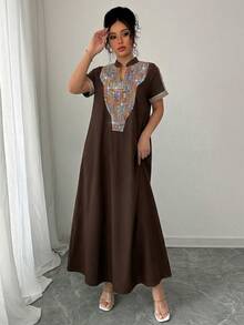 Rafferiza Contrast Color Embroidery Stand Collar Rhinestone Decor Loose Women Long Dress - Brown - View 8