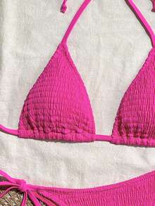 SHEIN Swim 女士夏季沙滩纯色挂脖系带休闲比基尼和三角泳裤套装 - 玫紅色 - 查看 3