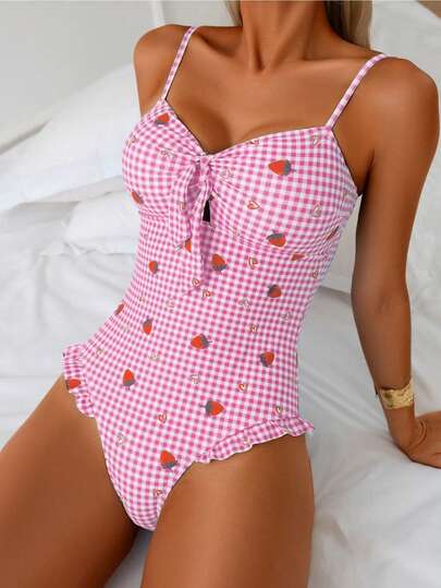 SHEIN Swim Women's One-Piece Cute Casual Vacation Swimsuit With Blue Plaid, Heart, Strawberry Prints, Bow Tie Front, Ruffle Hem Cute One Piece Swim Suit Cute Swimsuits For Women Women S Bathing Suit Full Coverage Swimsuits For Woman Cherry Women S Summer Outfits