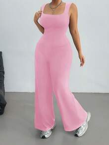 Vibekara 大码春夏女式纯色优雅宽松休闲露肩无袖运动学院风简约休闲方领阔腿连体裤 - 粉色 - 查看 4