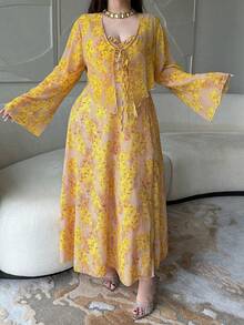 Vibekara Conjunto de 2 piezas de cárdigan y vestido de tirantes minimalista de gasa floral para verano, de corte slim, rejuvenecedor para vacaciones en la playa - Amarillo - Ver 6
