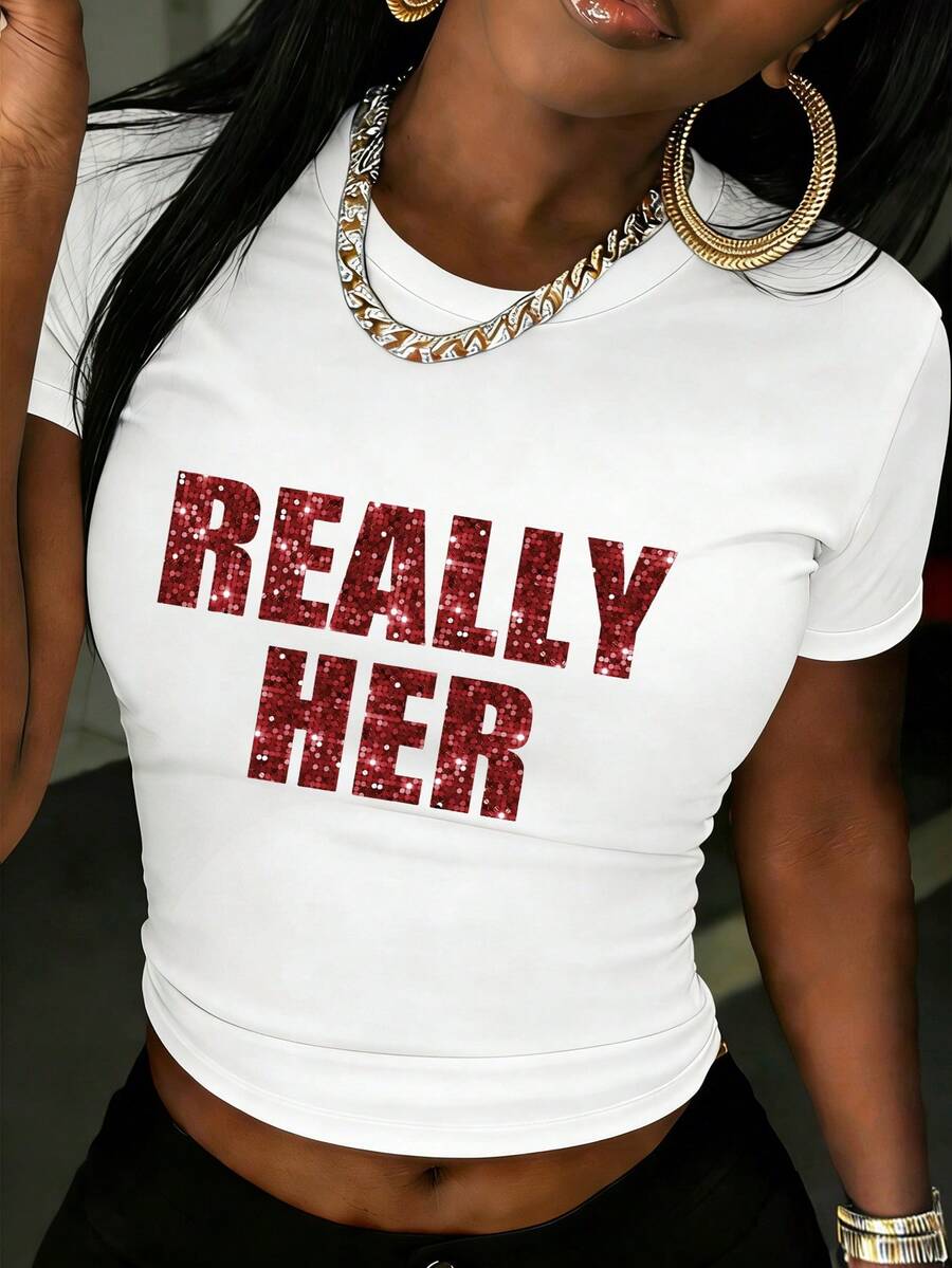 Rovax Women's Letter Pattern Round Neck Fitted Casual Daily Wear Short Sleeve T-Shirt - White - View 1