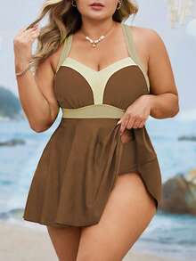 Swim Lushoire Ensemble de maillot de bain modeste 2 pièces pour femmes grandes tailles, avec camisole à bretelles fines, taille froncée et ourlet évasé. Décontracté pour l'été et les vacances - Multicolore - Voir 1