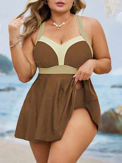 Swim Lushoire Plus Size Women 2pcs Patchwork Camisole Spaghetti Strap Gathered Waist A-Line Hem Modest Swimsuit Set, Casual Summer Holiday